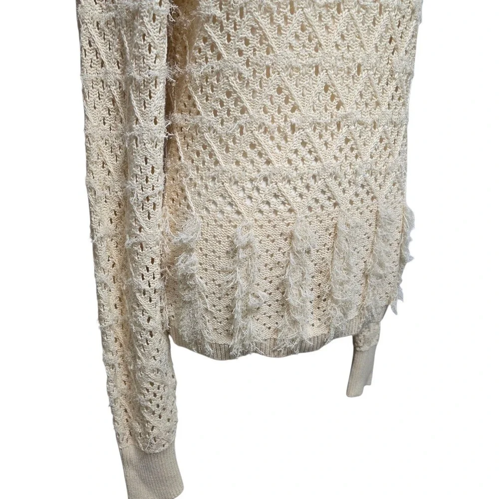 J. Crew Pointelle Crewneck Sweater with Fringe Warm‎ Sesame M NWT